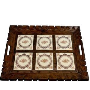Vintage Hand Carved Wood Tray w/ 9 Inlaid Floral Tiles Cottage Core MCM
